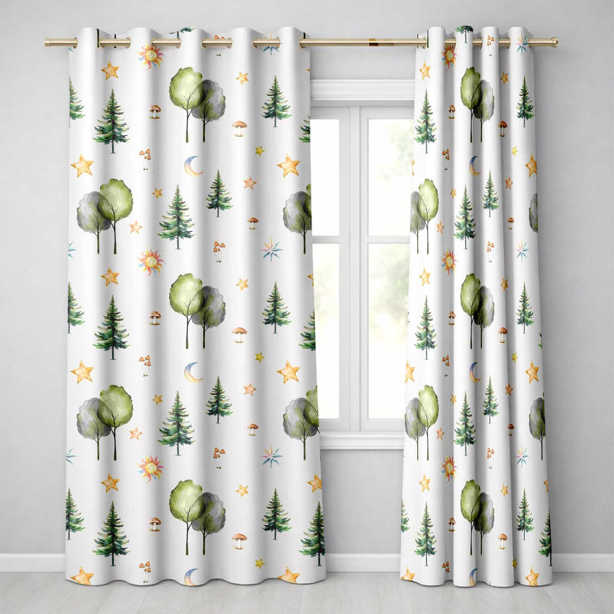 Watercolor Forest Trees Mushrooms Sun Moon Stars Seamless Pattern Light Readymade Eyelet Ring Top Thermal 100% Blackout Curtains