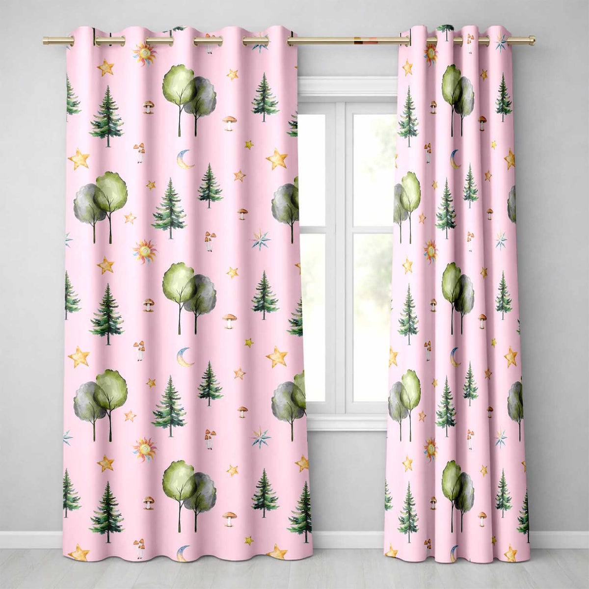 Watercolor Forest Trees Mushrooms Sun Moon Stars Seamless Pattern Blush  Readymade Eyelet Ring Top Thermal 100% Blackout Curtains