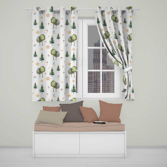 Watercolor Forest Trees Mushrooms Sun Moon Stars Seamless Pattern Grey  Readymade Eyelet Ring Top Thermal 100% Blackout Curtains