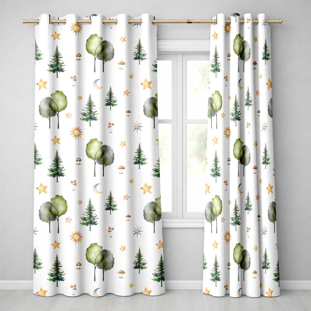 Watercolor Forest Trees Mushrooms Sun Moon Stars Seamless Pattern Grey  Readymade Eyelet Ring Top Thermal 100% Blackout Curtains