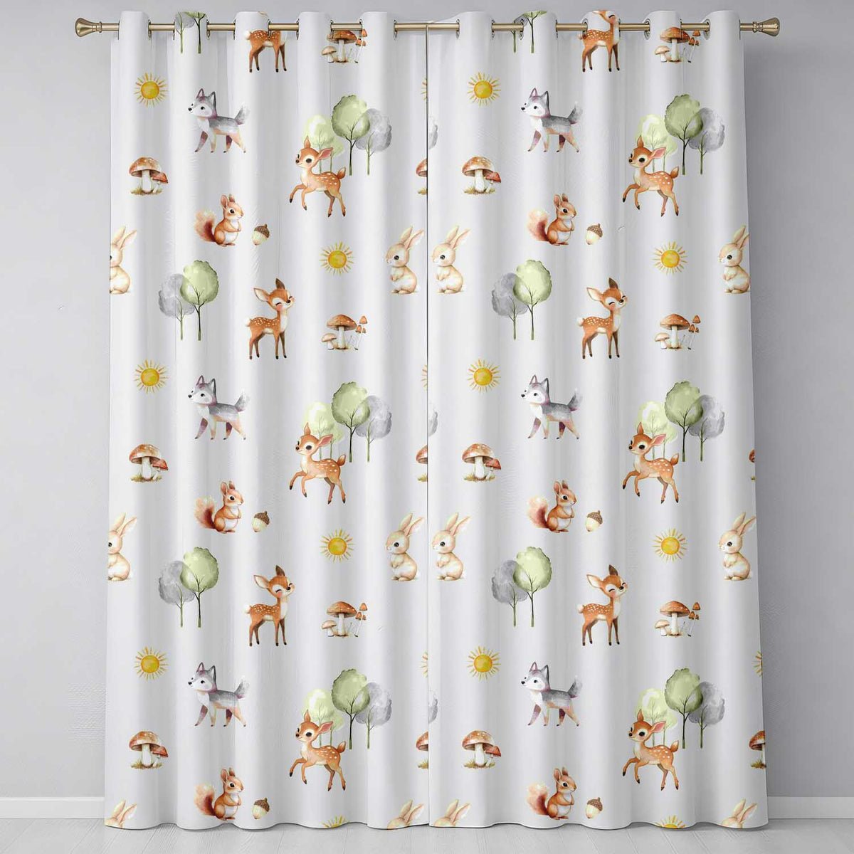 Woodland Deer Fox Squirrel Mushroom Forest Seamless Pattern Cream  Readymade Eyelet Ring Top Thermal 100% Blackout Curtains