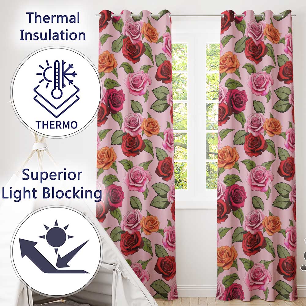 Bold Colorful Rose Flowers Seamless Pattern Dusty Mauve Background  Readymade Eyelet Ring Top Thermal 100% Blackout Curtains