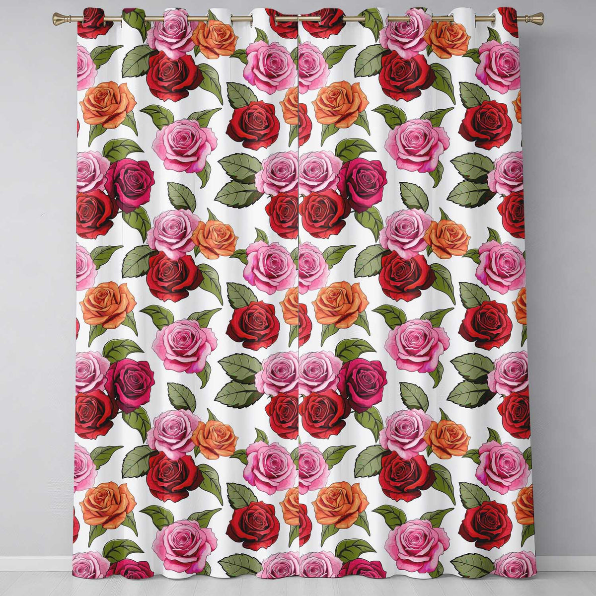 Bold Colorful Rose Flowers Seamless Pattern Light Grey Background  Readymade Eyelet Ring Top Thermal 100% Blackout Curtains