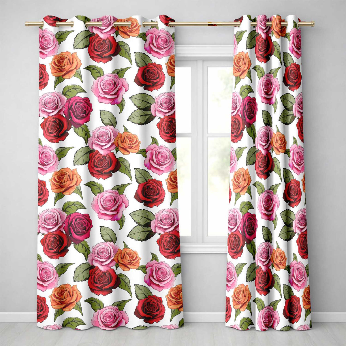 Bold Colorful Rose Flowers Seamless Pattern Light Grey Background  Readymade Eyelet Ring Top Thermal 100% Blackout Curtains