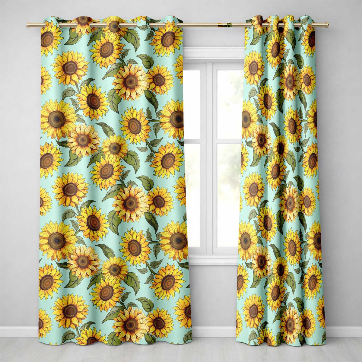 Bright Yellow Sunflower Floral Seamless Pattern Teal Blue Background  Readymade Eyelet Ring Top Thermal 100% Blackout Curtains