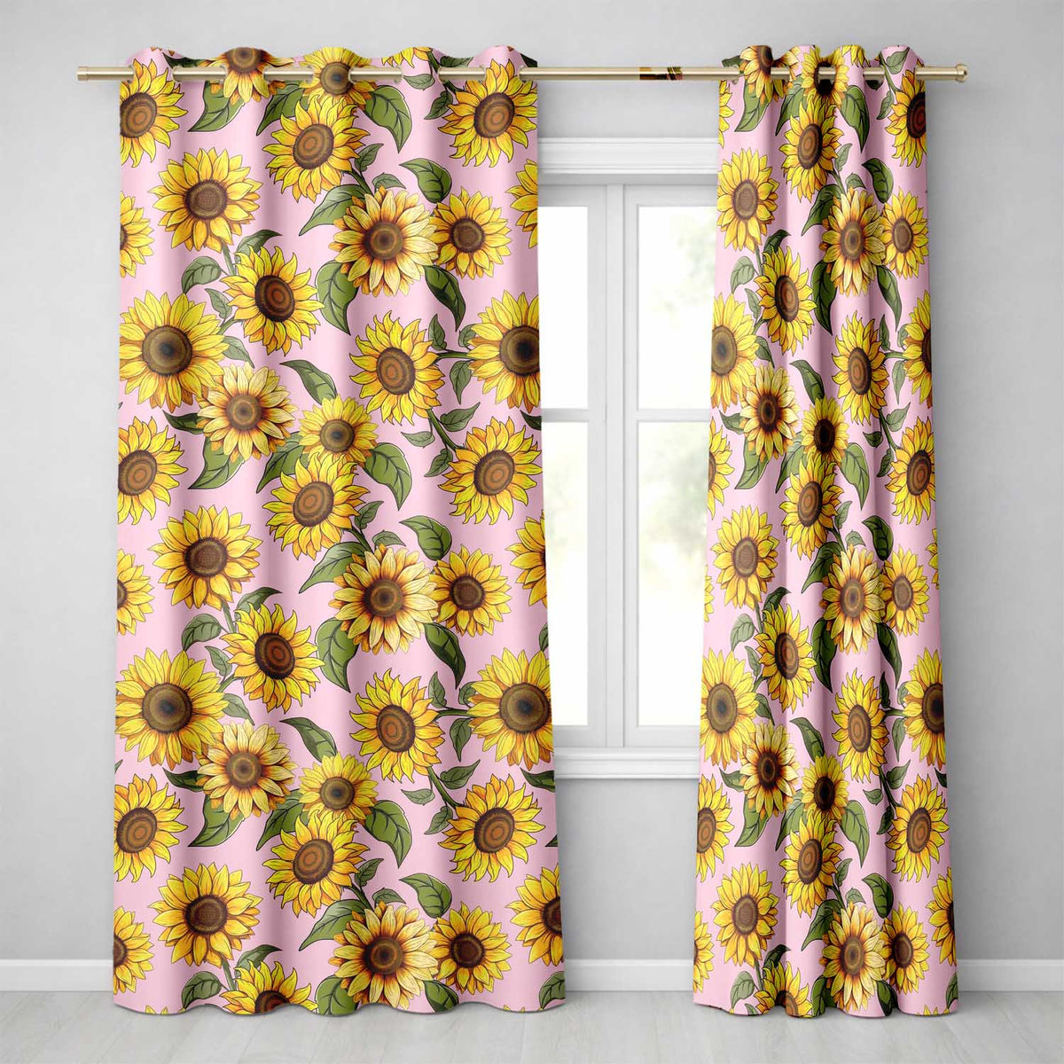 Bright Yellow Sunflower Floral Seamless Pattern Soft Pink Background  Readymade Eyelet Ring Top Thermal 100% Blackout Curtains