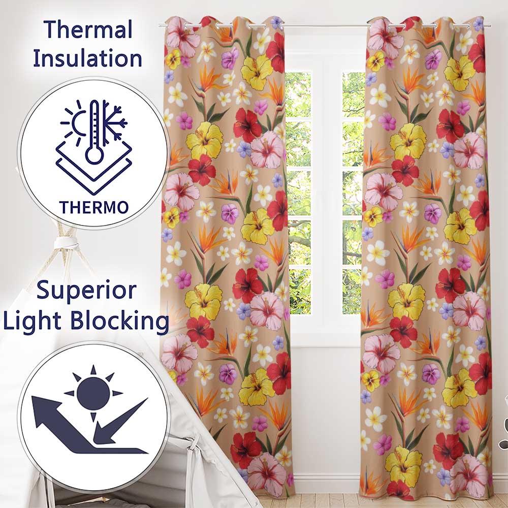 Tropical Hibiscus Bird of Paradise Floral Seamless Pattern Warm Beige  Readymade Eyelet Ring Top Thermal 100% Blackout Curtains