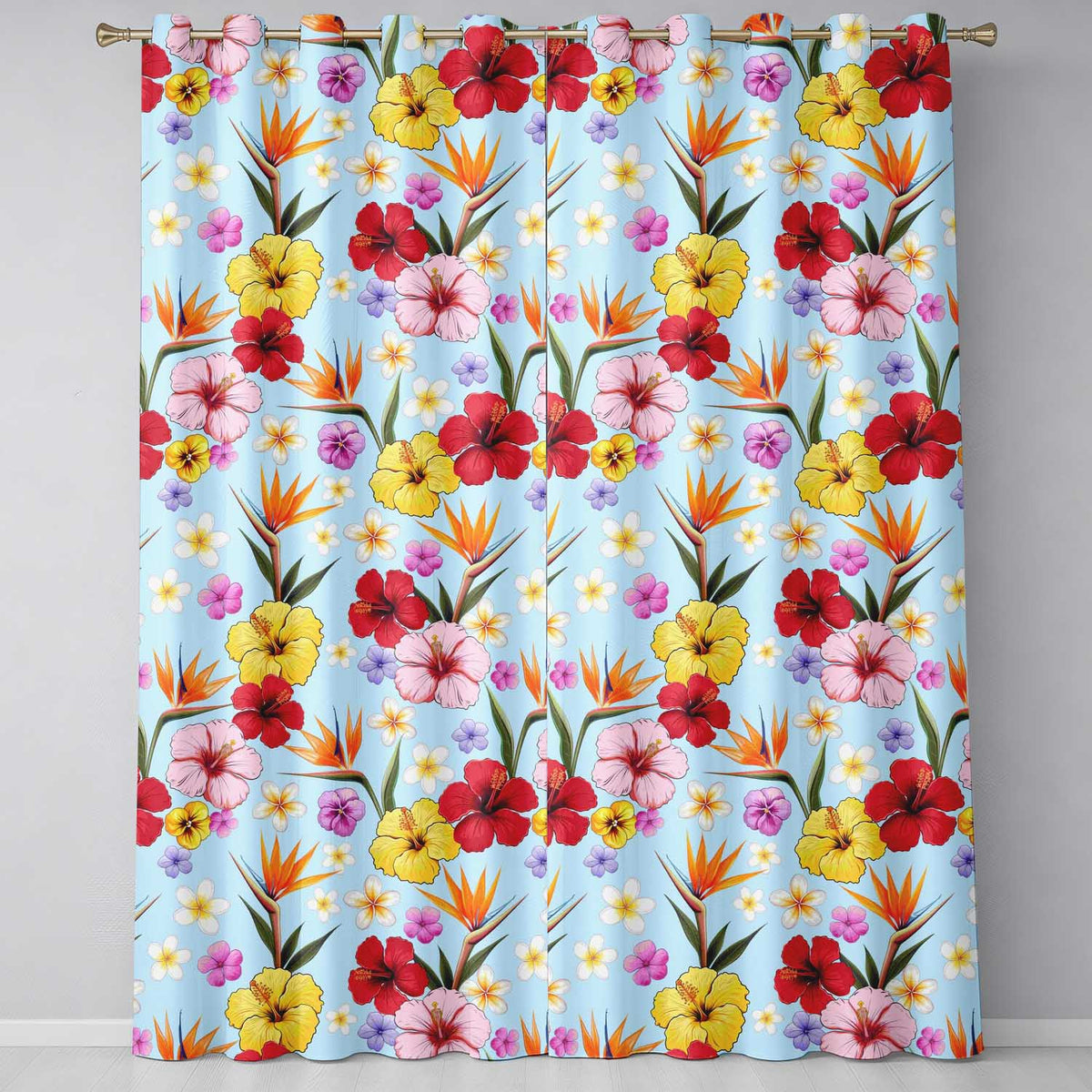 Tropical Hibiscus Bird of Paradise Floral Seamless Pattern Soft Blue Background  Readymade Eyelet Ring Top Thermal 100% Blackout Curtains