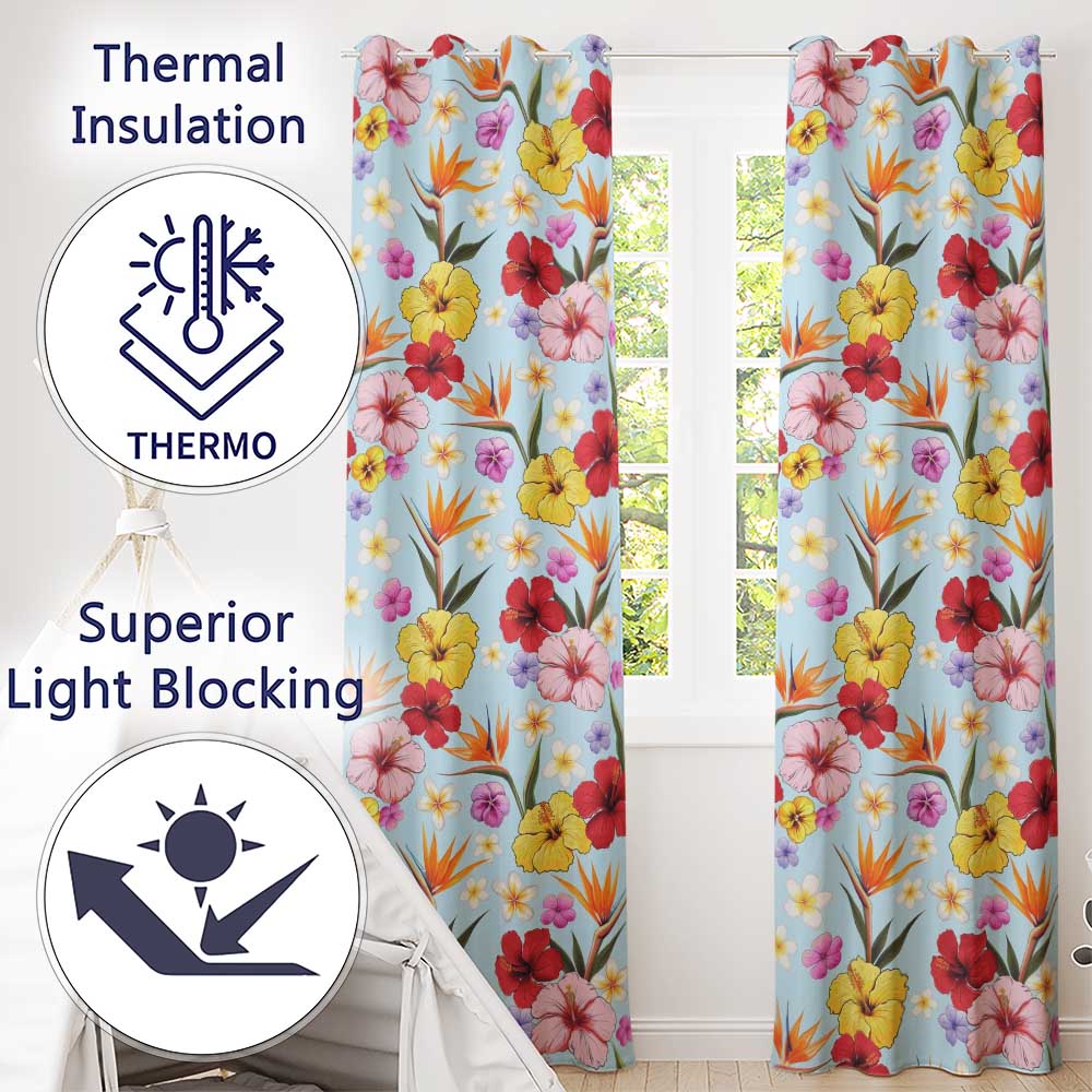 Tropical Hibiscus Bird of Paradise Floral Seamless Pattern Soft Blue Background  Readymade Eyelet Ring Top Thermal 100% Blackout Curtains