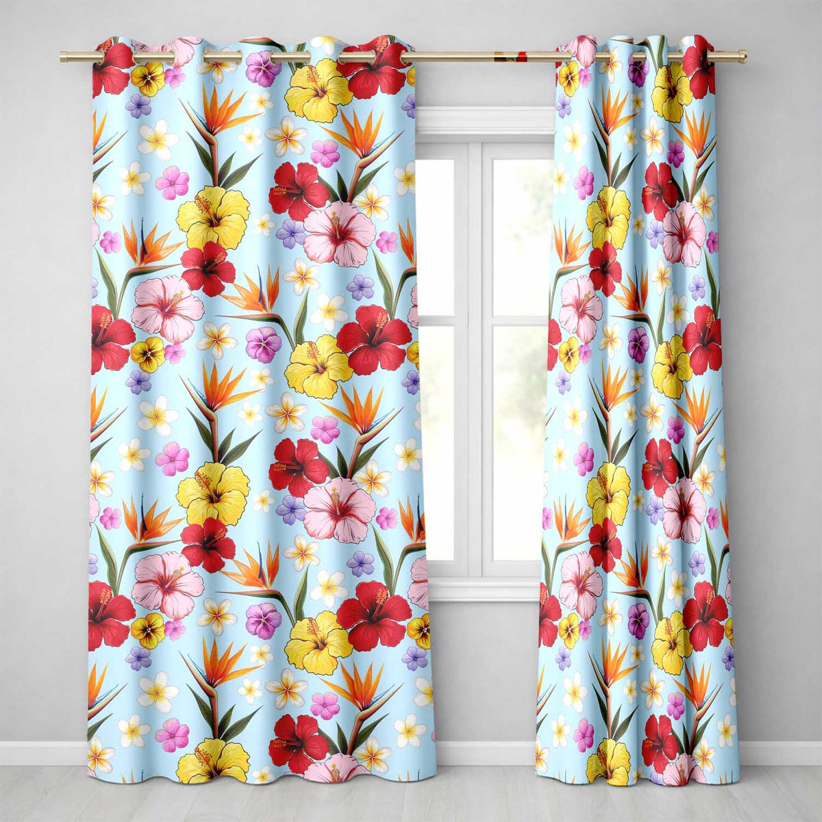 Tropical Hibiscus Bird of Paradise Floral Seamless Pattern Soft Blue Background  Readymade Eyelet Ring Top Thermal 100% Blackout Curtains