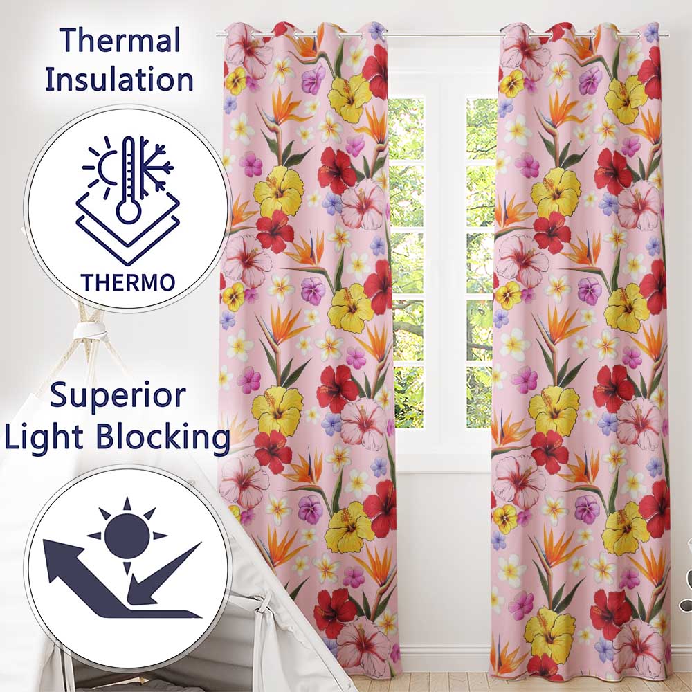 Tropical Hibiscus Bird of Paradise Floral Seamless Pattern Blush Pink  Readymade Eyelet Ring Top Thermal 100% Blackout Curtains