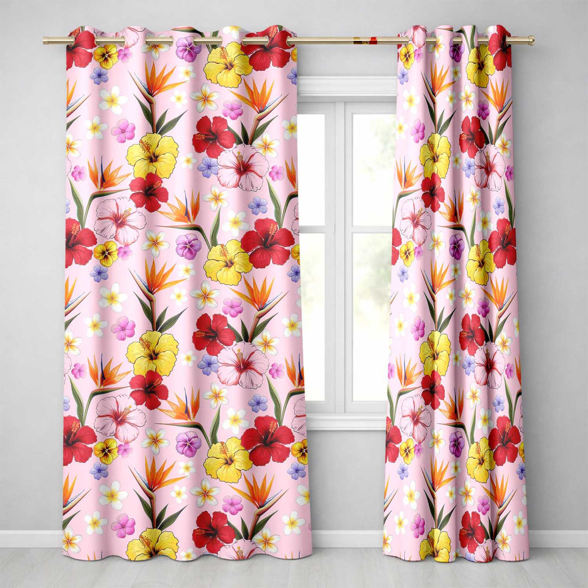 Tropical Hibiscus Bird of Paradise Floral Seamless Pattern Blush Pink  Readymade Eyelet Ring Top Thermal 100% Blackout Curtains