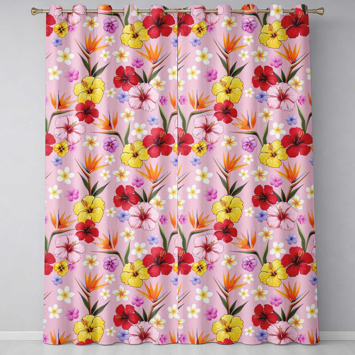 Tropical Hibiscus Bird of Paradise Floral Seamless Pattern Light Pink  Readymade Eyelet Ring Top Thermal 100% Blackout Curtains