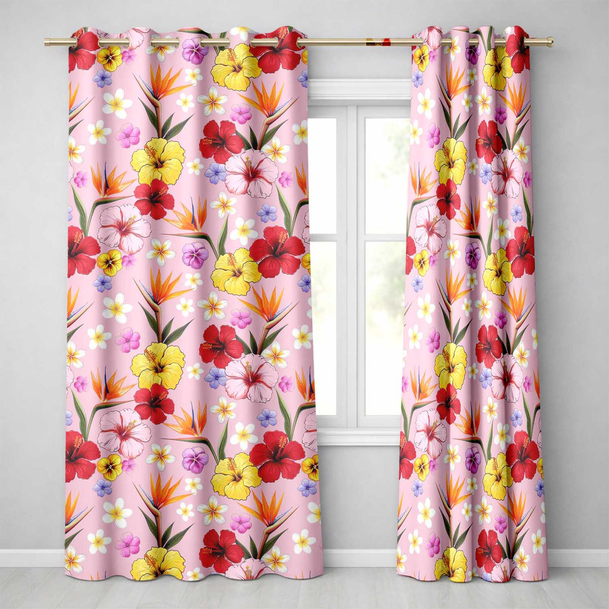 Tropical Hibiscus Bird of Paradise Floral Seamless Pattern Light Pink  Readymade Eyelet Ring Top Thermal 100% Blackout Curtains