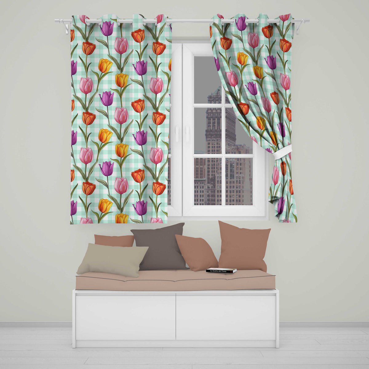 Elegant Tulip Floral Seamless Pattern Mint Gingham Check Background  Readymade Eyelet Ring Top Thermal 100% Blackout Curtains