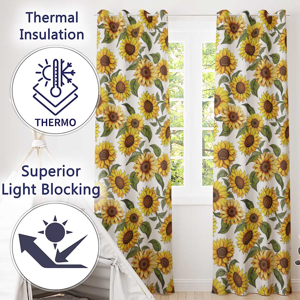 Bright Sunflower Floral Seamless Pattern Neutral Background  Readymade Eyelet Ring Top Thermal 100% Blackout Curtains