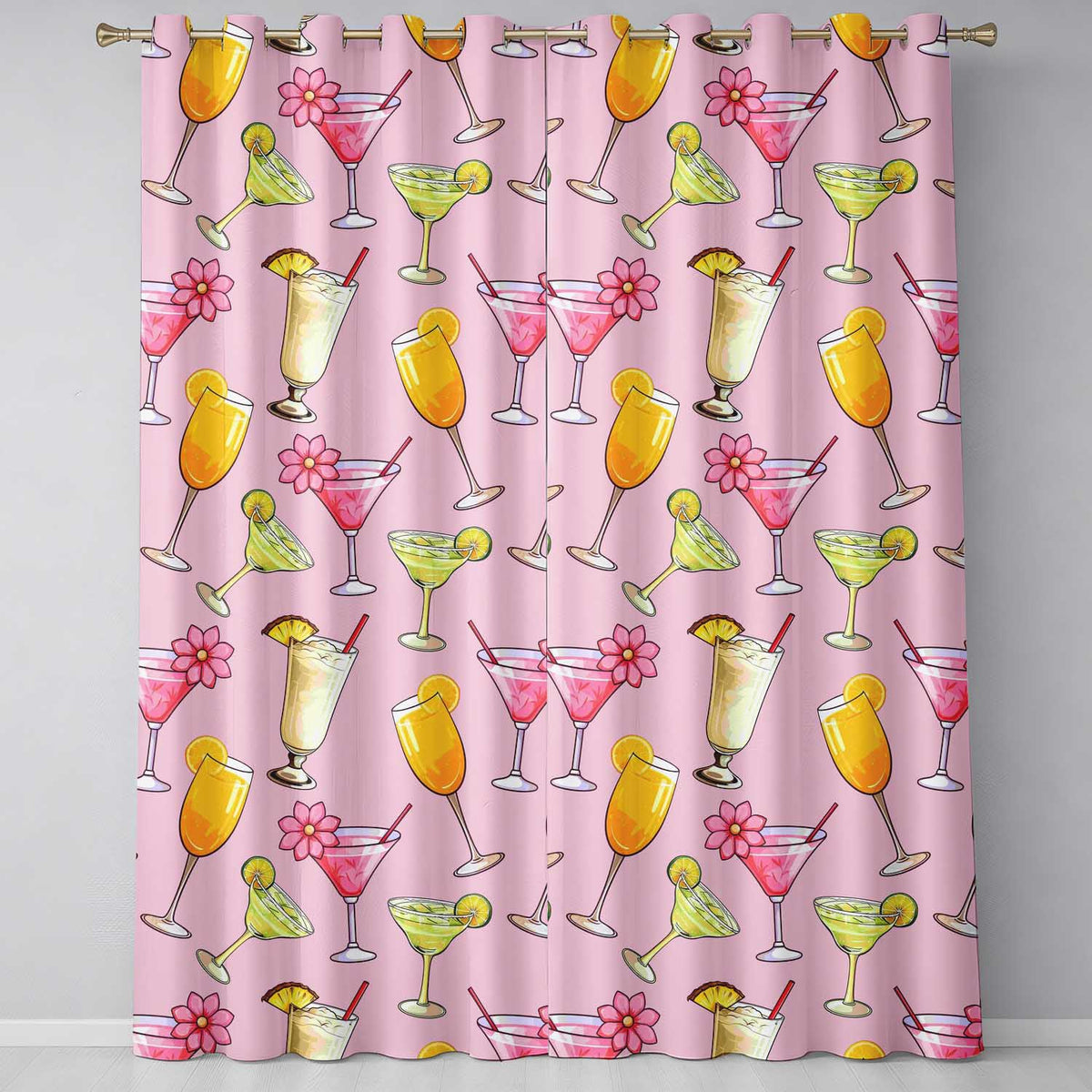 Tropical Cocktail Drinks Seamless Pattern Blush Pink Background  Readymade Eyelet Ring Top Thermal 100% Blackout Curtains