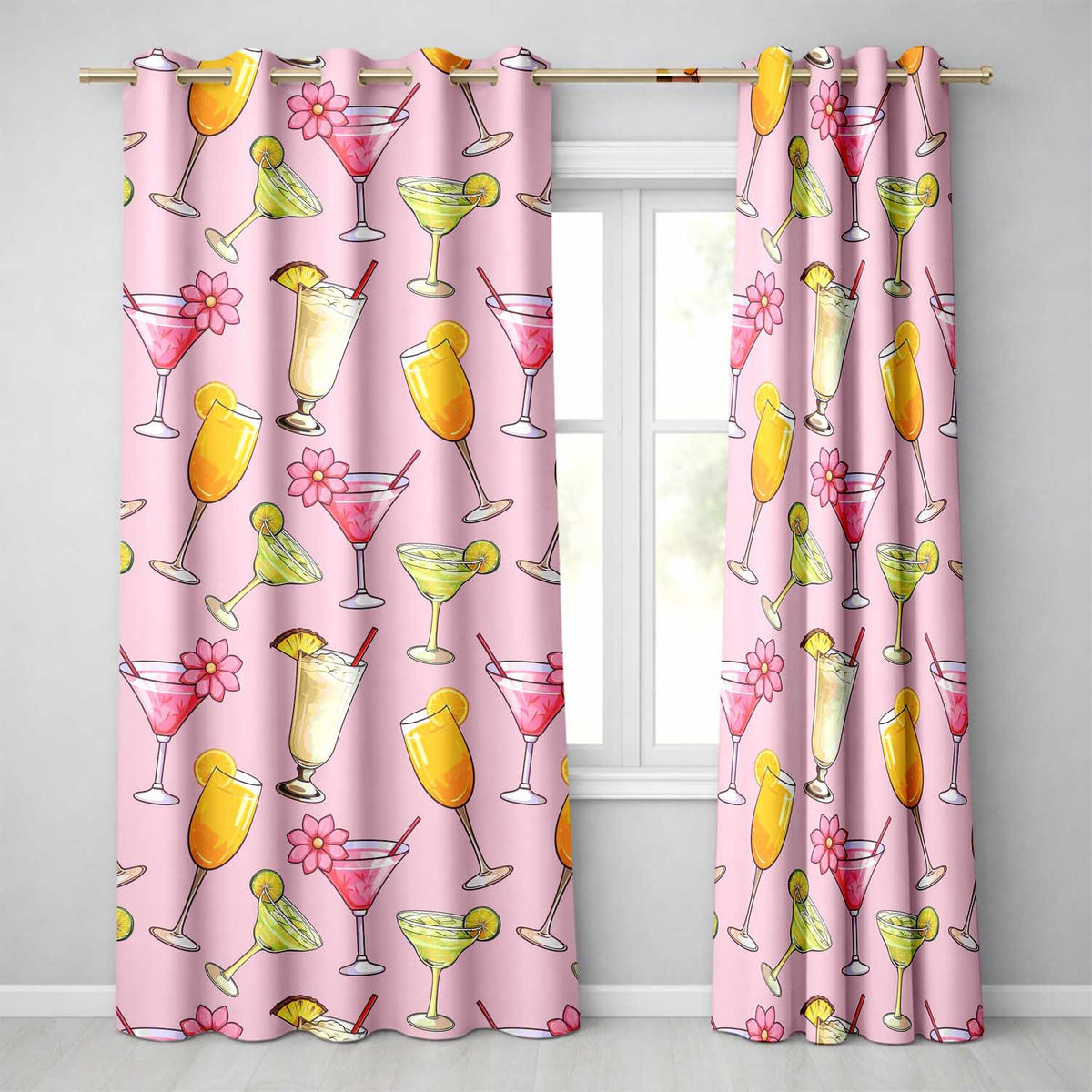 Tropical Cocktail Drinks Seamless Pattern Blush Pink Background  Readymade Eyelet Ring Top Thermal 100% Blackout Curtains