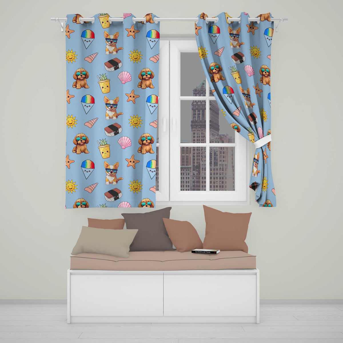 Cute Summer Chihuahua Dog Cartoon Seamless Pattern Blue Background  Readymade Eyelet Ring Top Thermal 100% Blackout Curtains