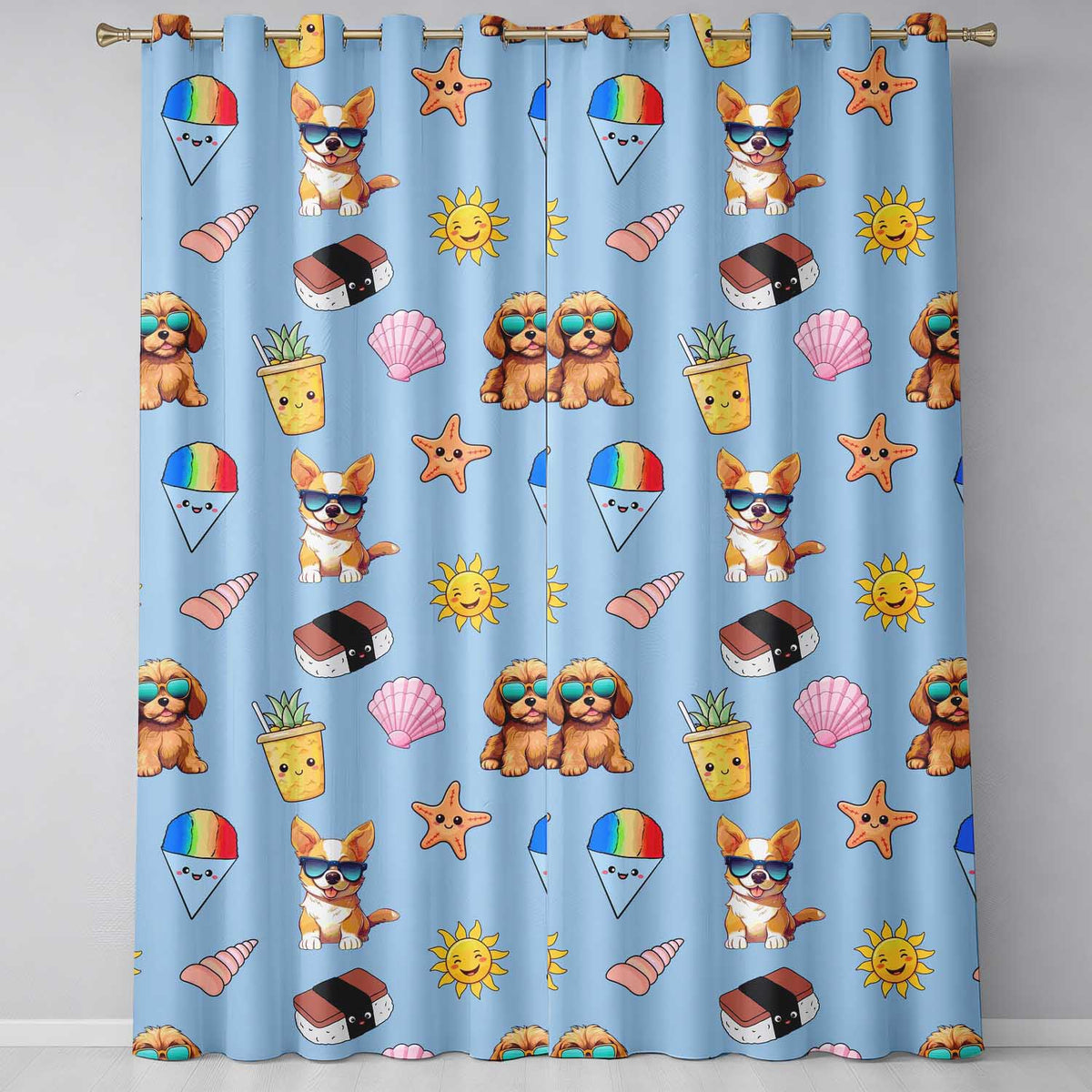 Cute Summer Chihuahua Dog Cartoon Seamless Pattern Blue Background  Readymade Eyelet Ring Top Thermal 100% Blackout Curtains
