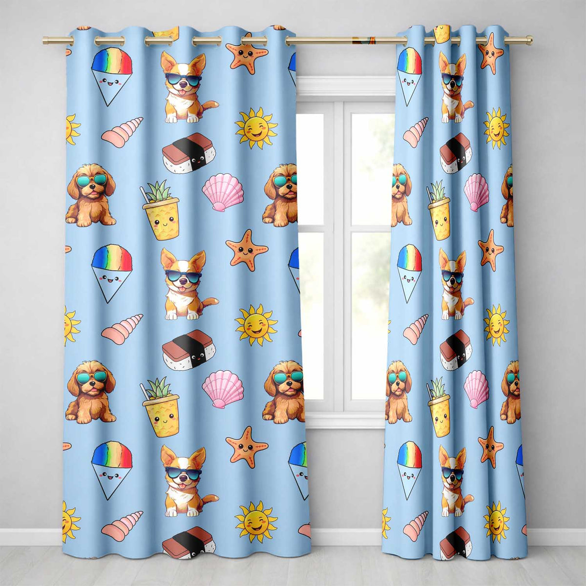 Cute Summer Chihuahua Dog Cartoon Seamless Pattern Blue Background  Readymade Eyelet Ring Top Thermal 100% Blackout Curtains