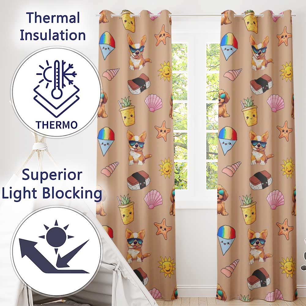 Cute Summer Chihuahua Dog Sunglasses Kawaii Beach  Seamless Pattern  Readymade Eyelet Ring Top Thermal 100% Blackout Curtains