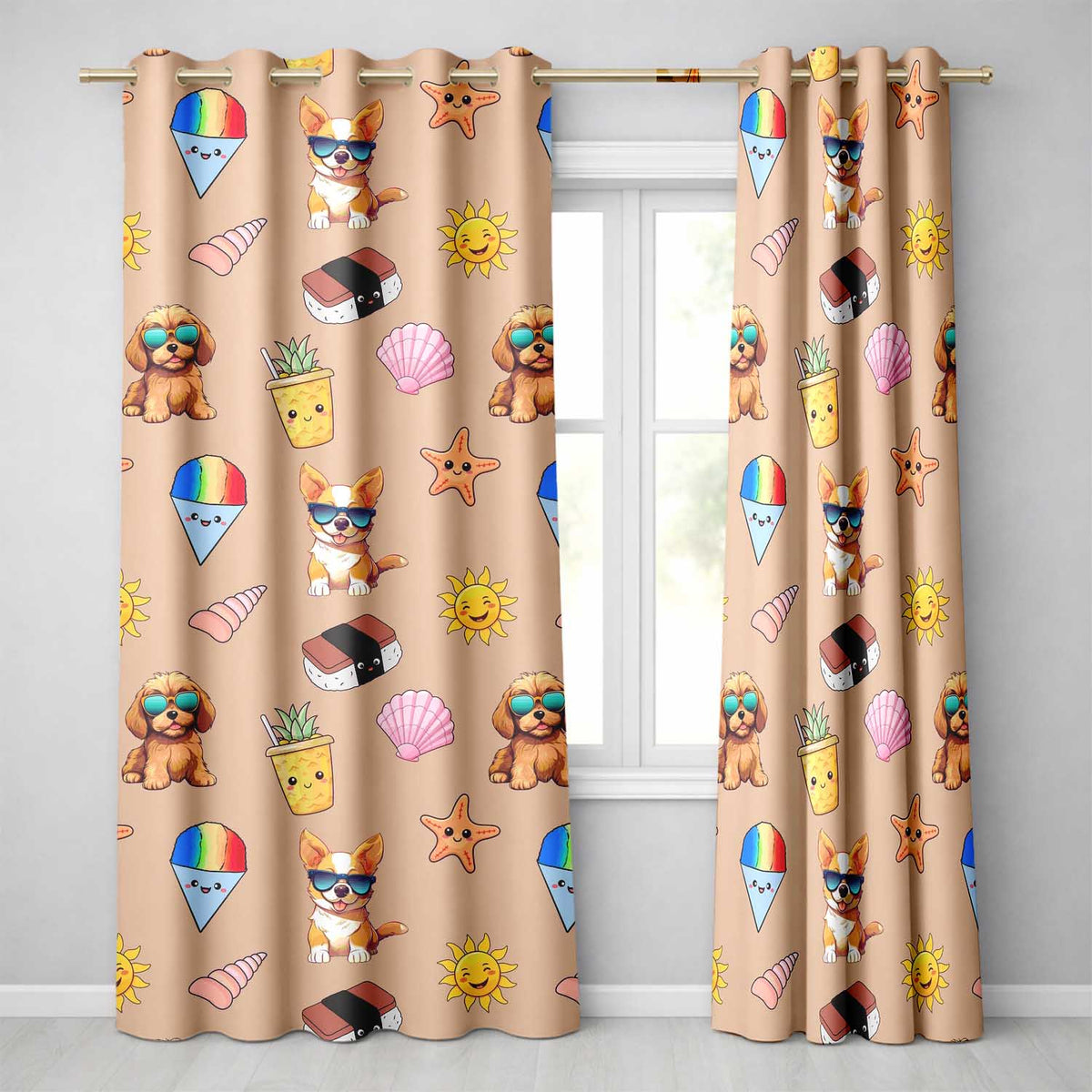 Cute Summer Chihuahua Dog Sunglasses Kawaii Beach  Seamless Pattern  Readymade Eyelet Ring Top Thermal 100% Blackout Curtains