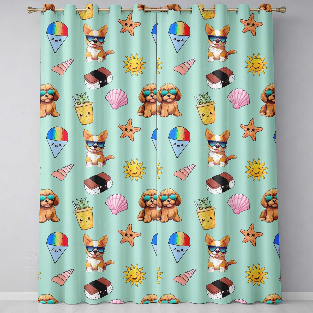 Summer Chihuahua Dog Sunglasses Kawaii Beach  Teal  Seamless Pattern  Readymade Eyelet Ring Top Thermal 100% Blackout Curtains