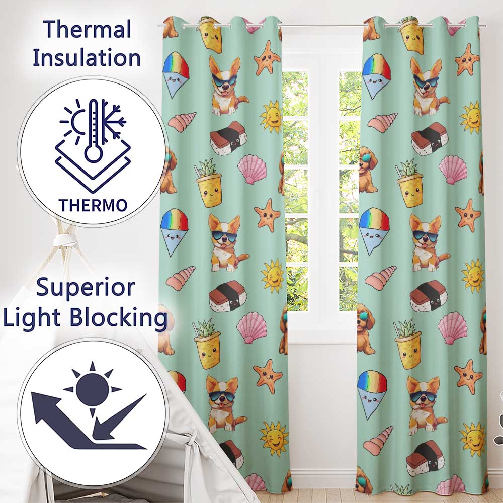 Summer Chihuahua Dog Sunglasses Kawaii Beach  Teal  Seamless Pattern  Readymade Eyelet Ring Top Thermal 100% Blackout Curtains