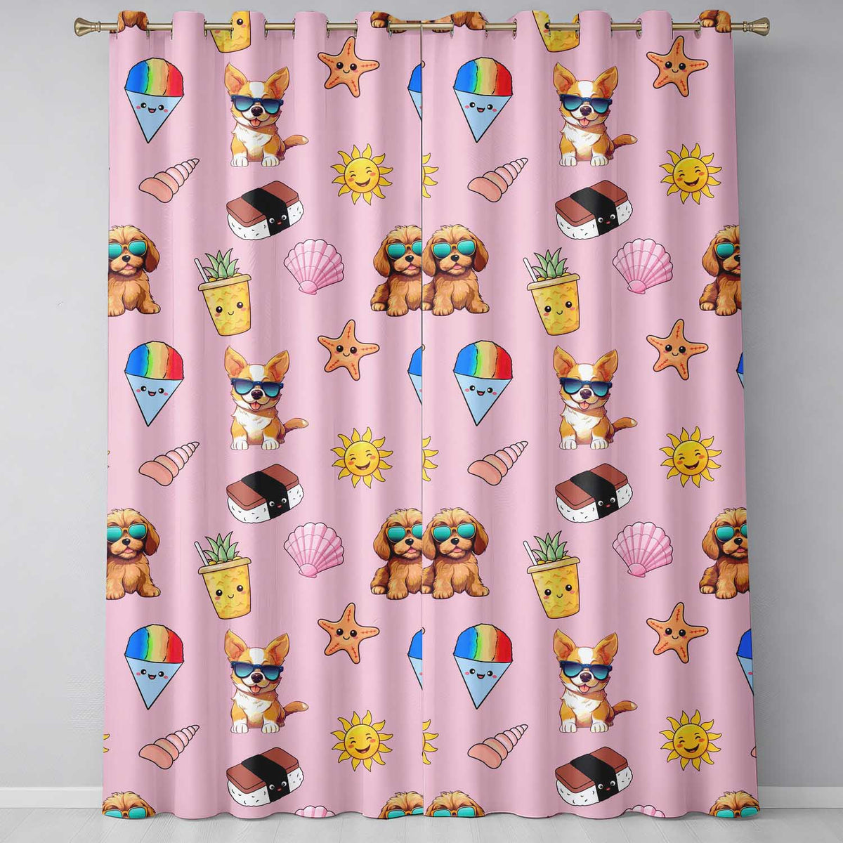 Summer Chihuahua Dog Sunglasses Kawaii Beach Icon Blush Pink  Seamless Pattern  Readymade Eyelet Ring Top Thermal 100% Blackout Curtains