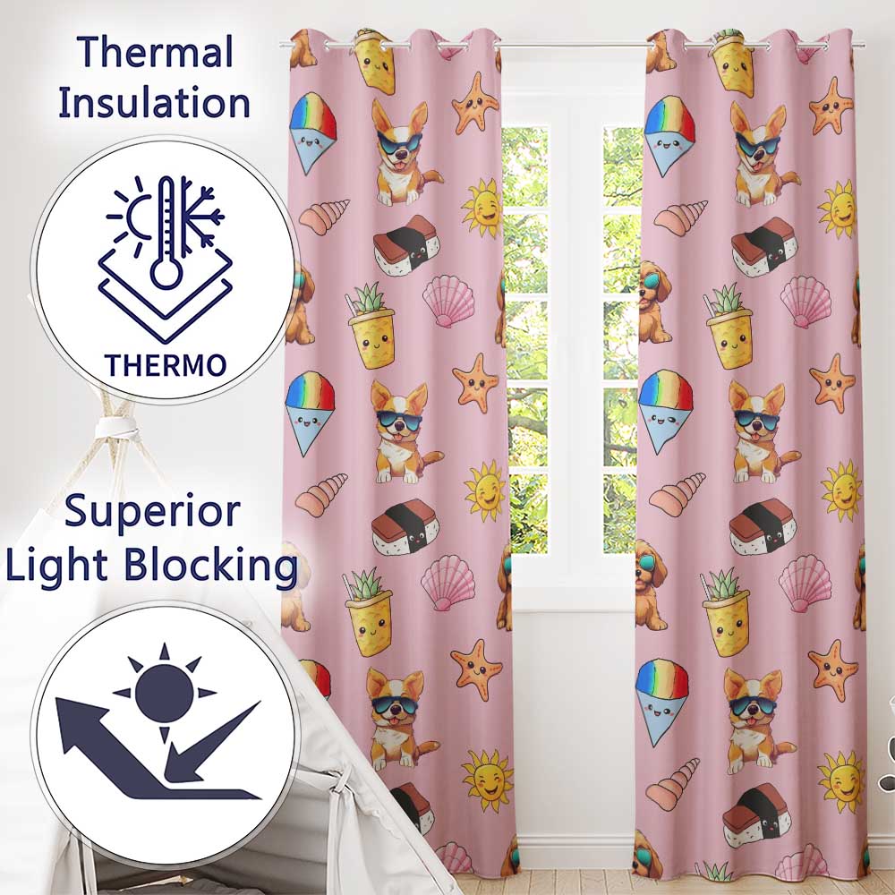 Summer Chihuahua Dog Sunglasses Kawaii Beach Icon Blush Pink  Seamless Pattern  Readymade Eyelet Ring Top Thermal 100% Blackout Curtains