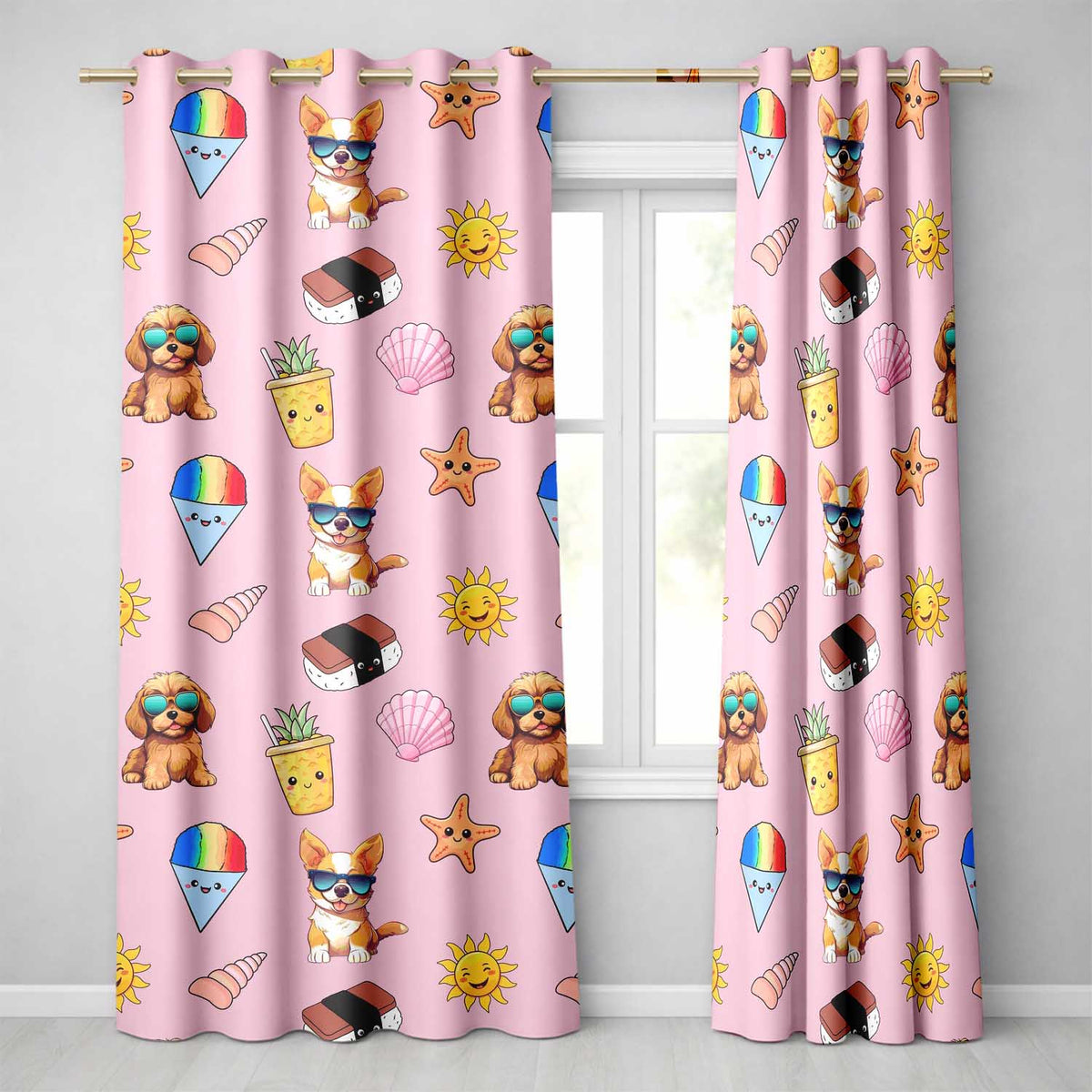 Summer Chihuahua Dog Sunglasses Kawaii Beach Icon Blush Pink  Seamless Pattern  Readymade Eyelet Ring Top Thermal 100% Blackout Curtains