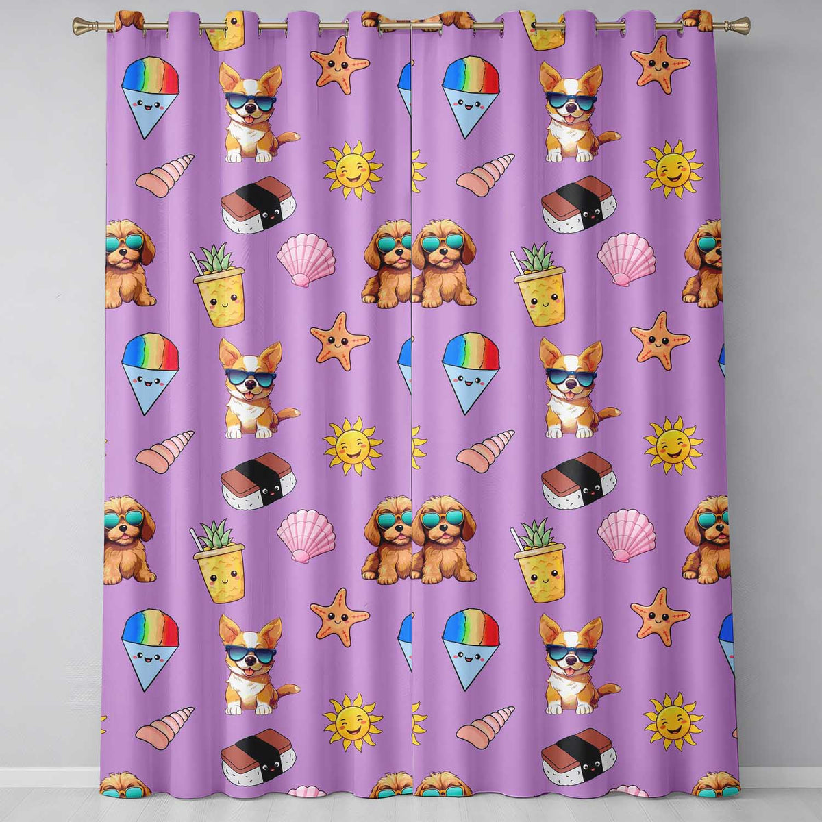 Summer Chihuahua Dog Sunglasses Kawaii Beach  Purple  Seamless Pattern  Readymade Eyelet Ring Top Thermal 100% Blackout Curtains