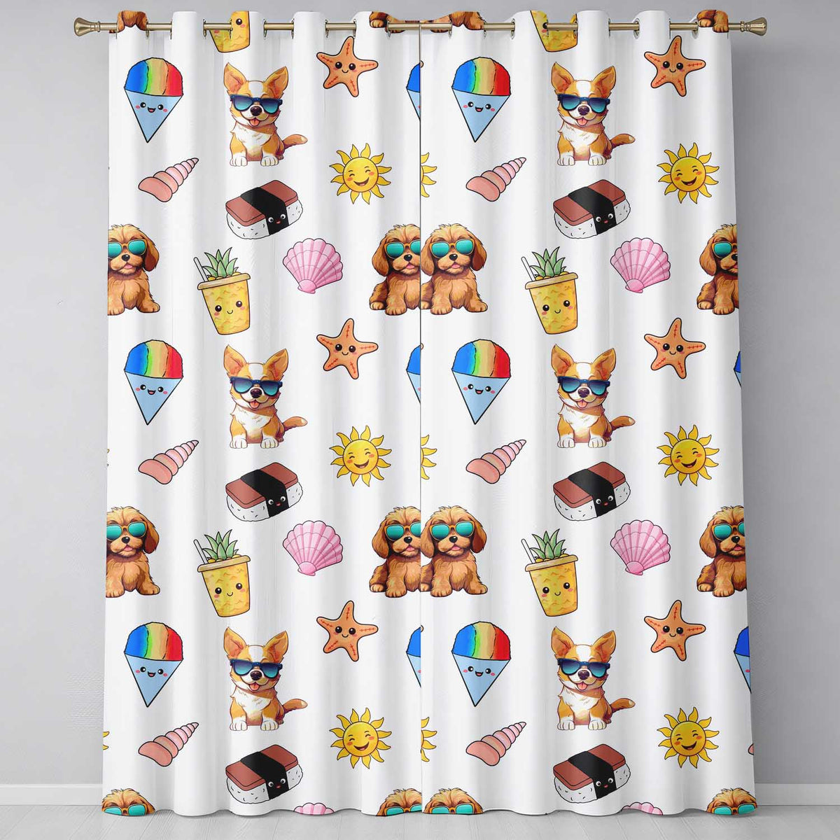 Summer Chihuahua Dog Sunglasses Kawaii Beach  Grey  Seamless Pattern  Readymade Eyelet Ring Top Thermal 100% Blackout Curtains