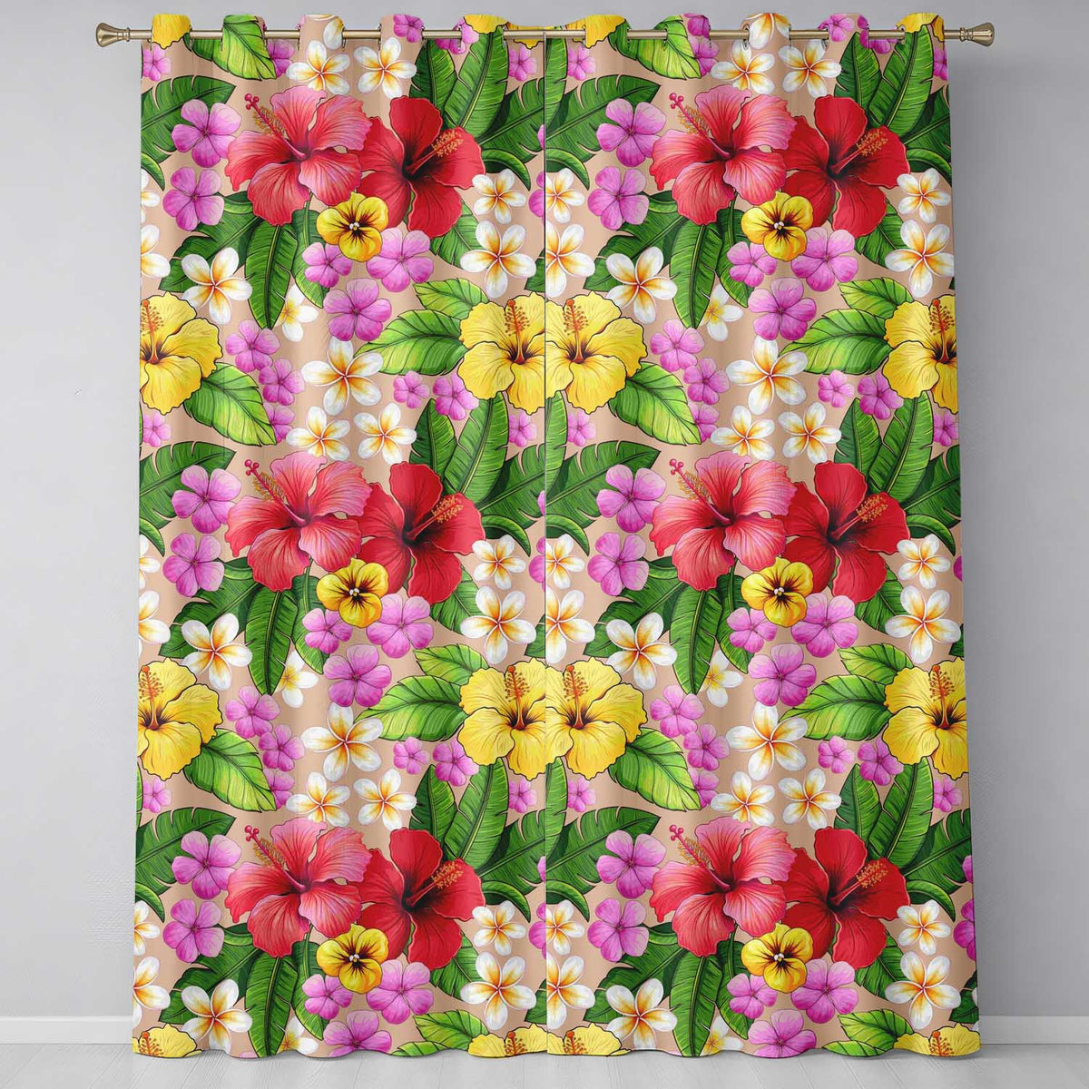 Tropical Hibiscus Flowers Plumeria Leaves Exotic Floral Beige  Seamless Pattern  Readymade Eyelet Ring Top Thermal 100% Blackout Curtains