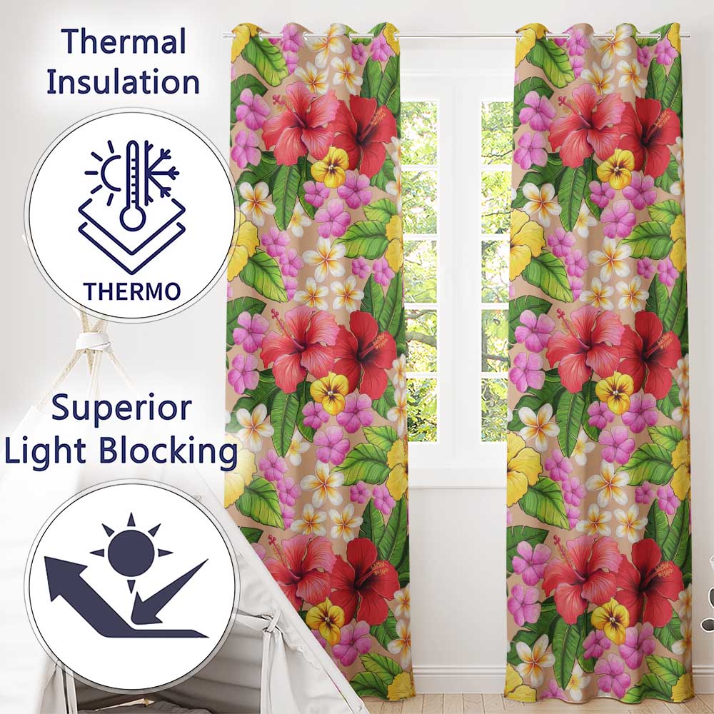 Tropical Hibiscus Flowers Plumeria Leaves Exotic Floral Beige  Seamless Pattern  Readymade Eyelet Ring Top Thermal 100% Blackout Curtains