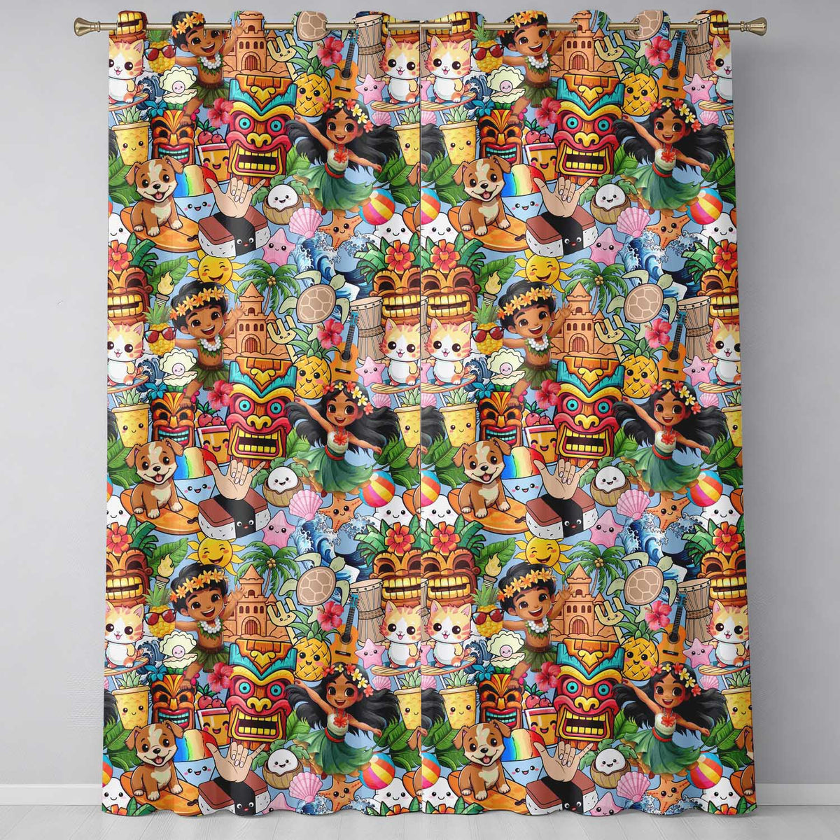 Cute Hawaiian Kids Tiki Mask Pineapple Blue Background Seamless Pattern  Readymade Eyelet Ring Top Thermal 100% Blackout Curtains