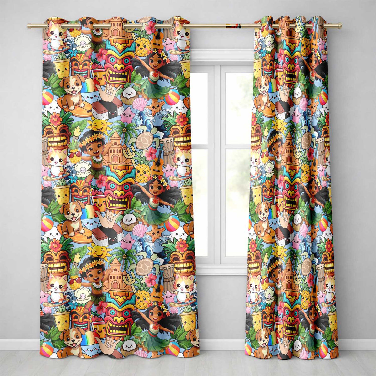 Cute Hawaiian Kids Tiki Mask Pineapple Blue Background Seamless Pattern  Readymade Eyelet Ring Top Thermal 100% Blackout Curtains