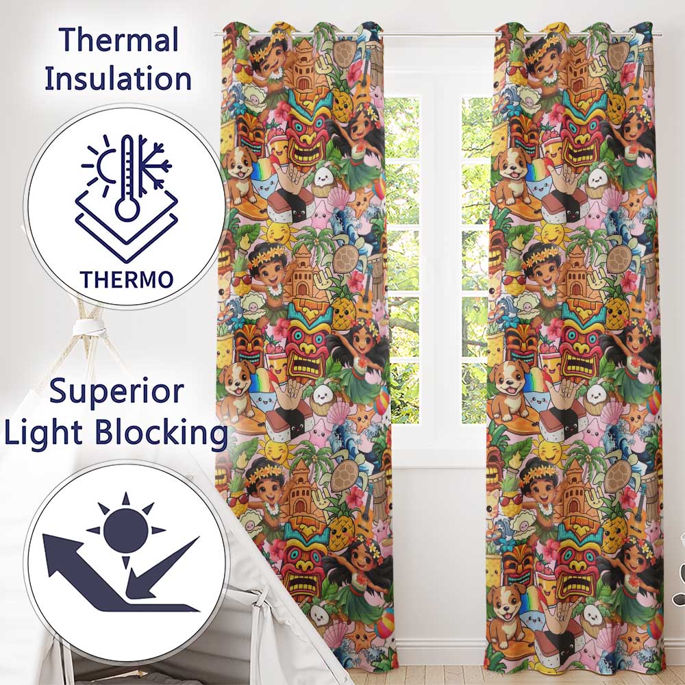 Cute Hawaiian Kids Tiki Mask Pineapple Soft Beige Background Seamless Pattern  Readymade Eyelet Ring Top Thermal 100% Blackout Curtains