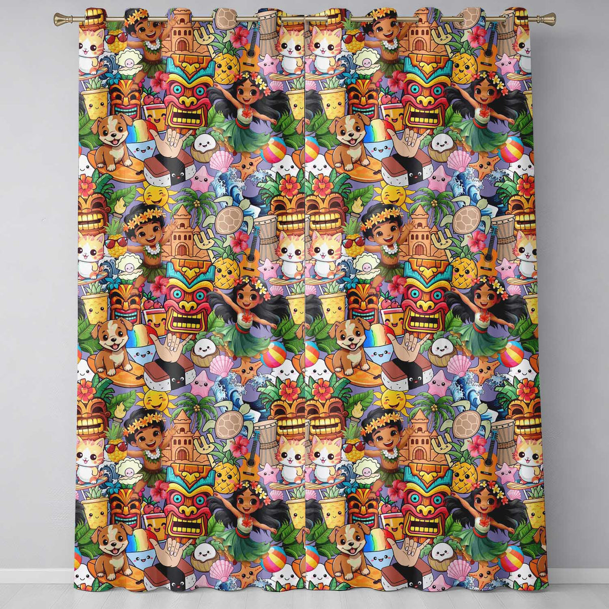 Cute Hawaiian Kids Tiki Mask Pineapple Purple Background Seamless Pattern  Readymade Eyelet Ring Top Thermal 100% Blackout Curtains