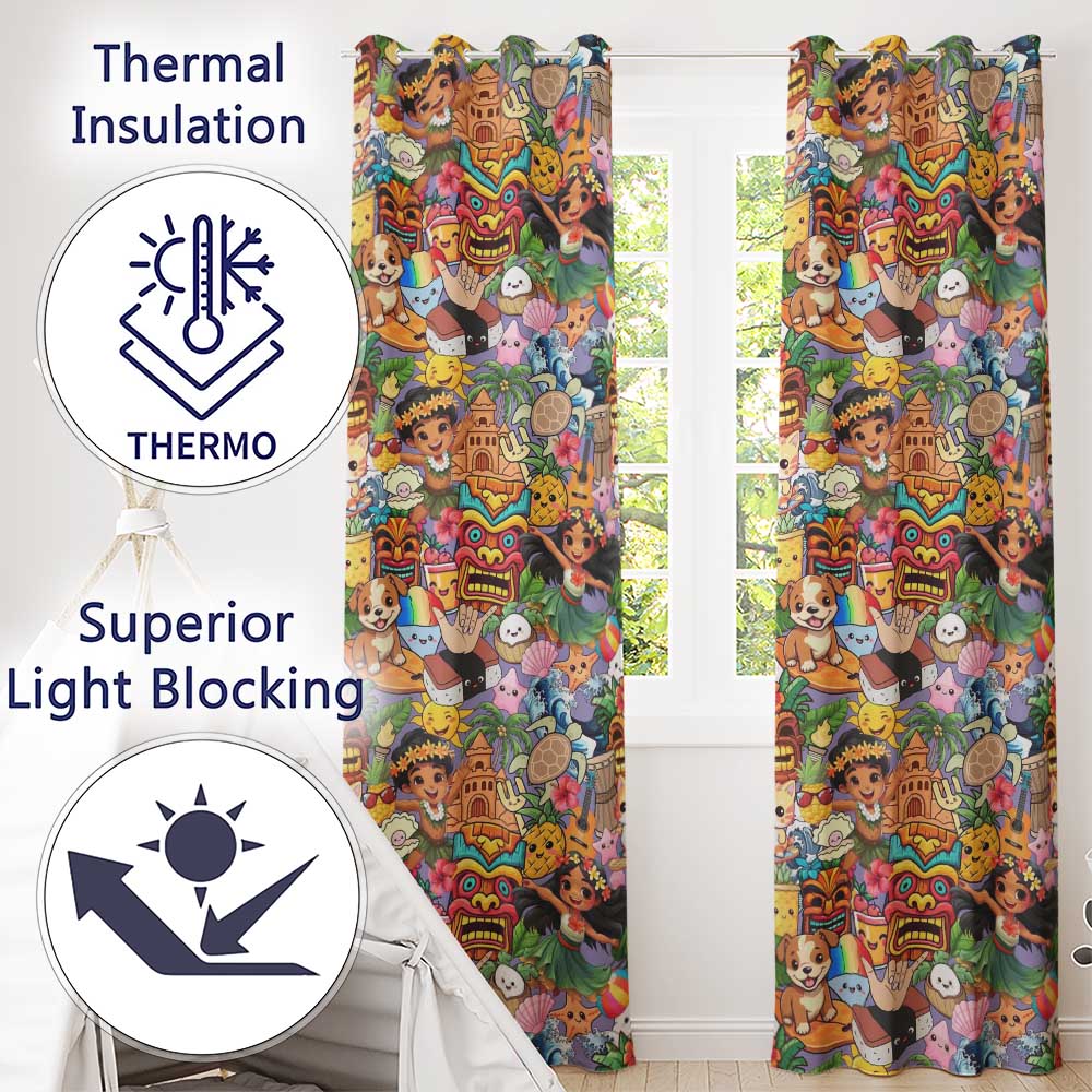 Cute Hawaiian Kids Tiki Mask Pineapple Purple Background Seamless Pattern  Readymade Eyelet Ring Top Thermal 100% Blackout Curtains