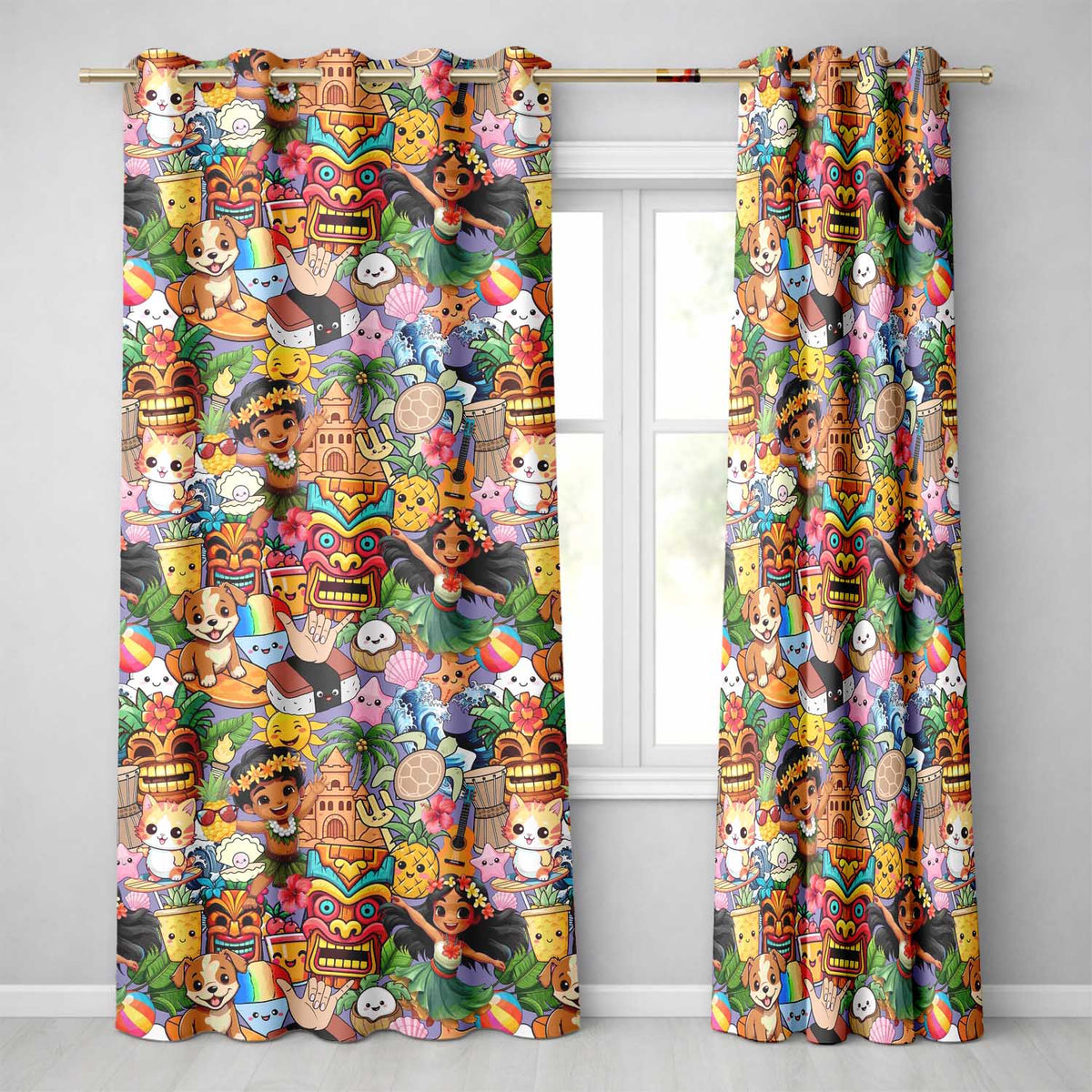 Cute Hawaiian Kids Tiki Mask Pineapple Purple Background Seamless Pattern  Readymade Eyelet Ring Top Thermal 100% Blackout Curtains