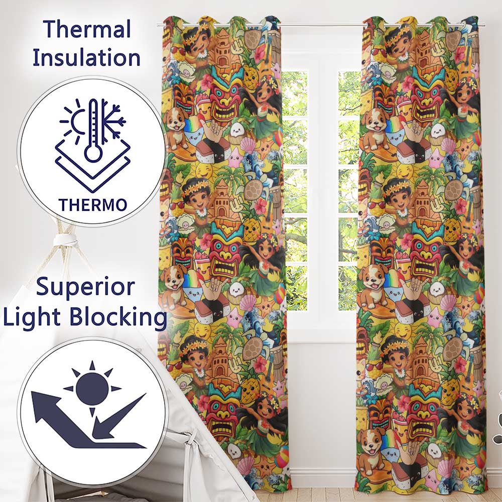 Hawaiian Kids Tiki Mask Pineapple Beach Fun Yellow  Seamless Pattern  Readymade Eyelet Ring Top Thermal 100% Blackout Curtains