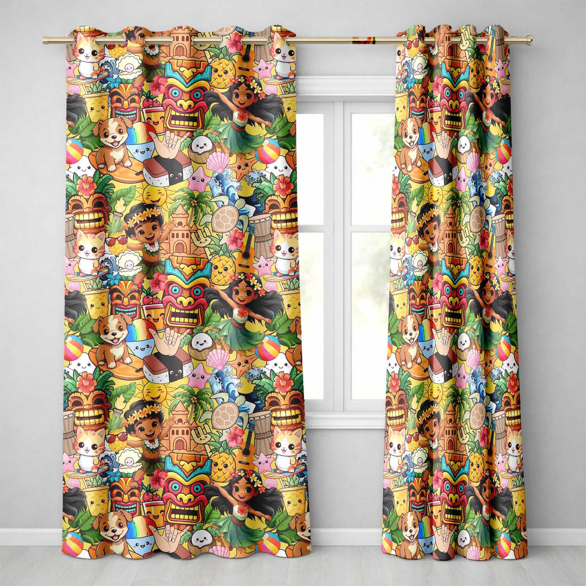 Hawaiian Kids Tiki Mask Pineapple Beach Fun Yellow  Seamless Pattern  Readymade Eyelet Ring Top Thermal 100% Blackout Curtains