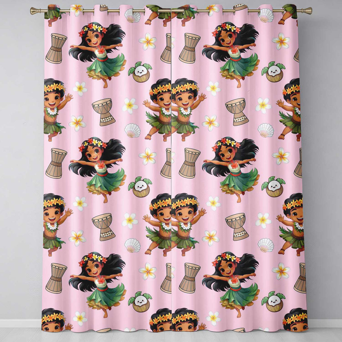 Cute Hawaiian Girl Hula Dance Coconut Shell Pink Background Seamless Pattern  Readymade Eyelet Ring Top Thermal 100% Blackout Curtains