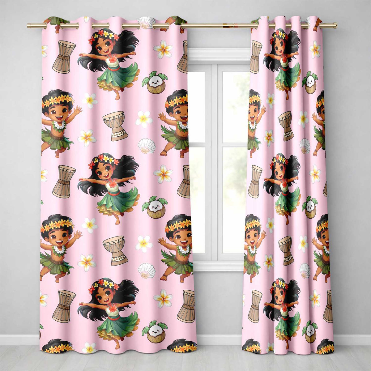Cute Hawaiian Girl Hula Dance Coconut Shell Pink Background Seamless Pattern  Readymade Eyelet Ring Top Thermal 100% Blackout Curtains