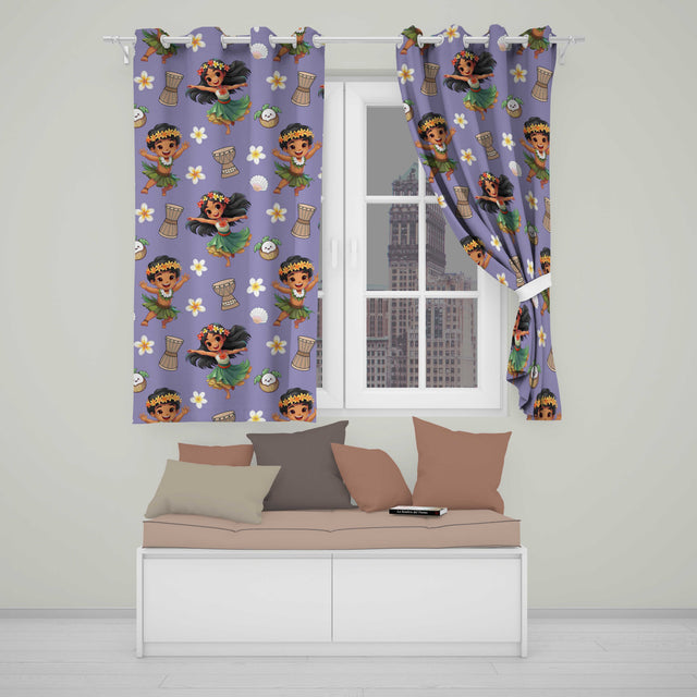 Cute Hawaiian Girl Hula Dance Coconut Shell Purple Background Seamless Pattern  Readymade Eyelet Ring Top Thermal 100% Blackout Curtains