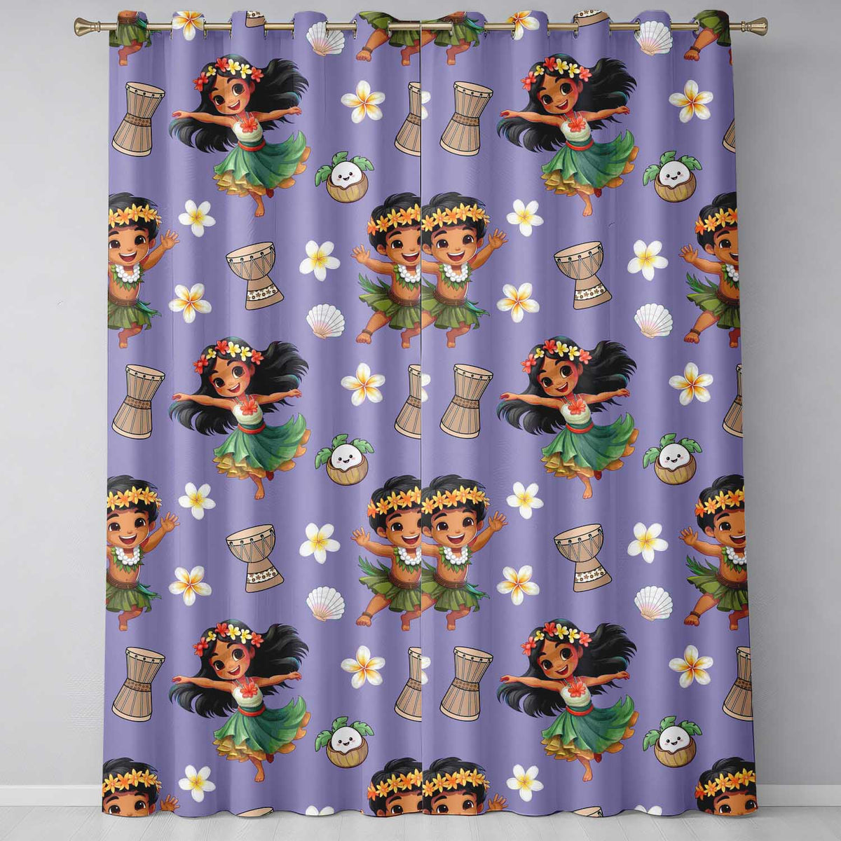 Cute Hawaiian Girl Hula Dance Coconut Shell Purple Background Seamless Pattern  Readymade Eyelet Ring Top Thermal 100% Blackout Curtains