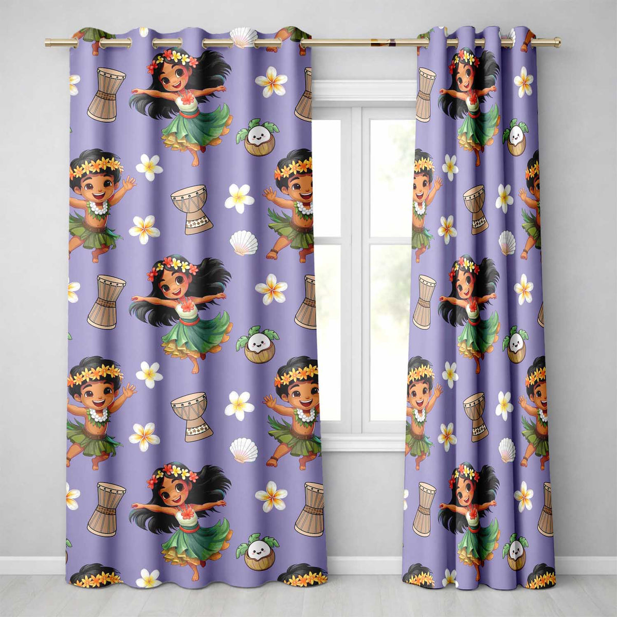Cute Hawaiian Girl Hula Dance Coconut Shell Purple Background Seamless Pattern  Readymade Eyelet Ring Top Thermal 100% Blackout Curtains