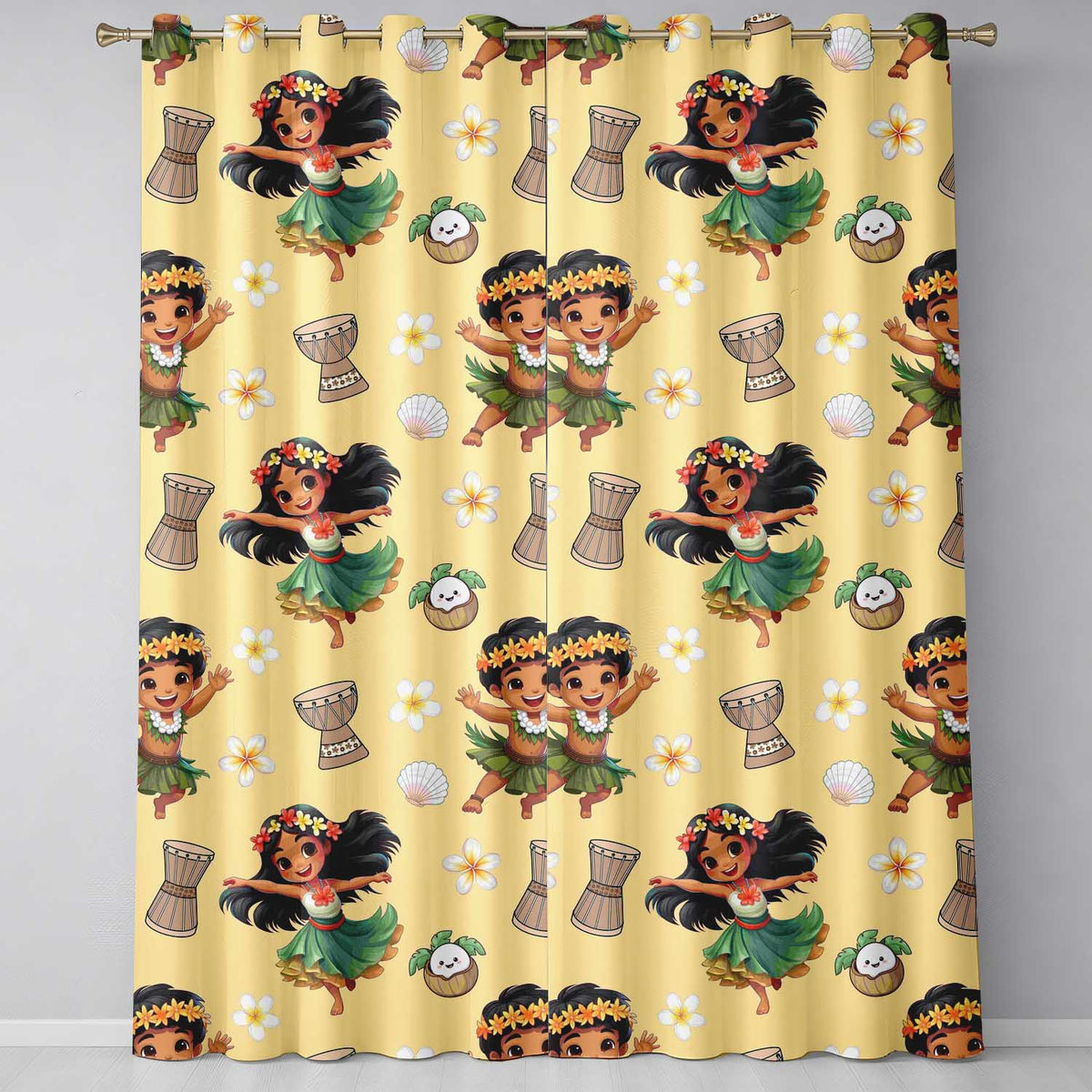 Cute Hawaiian Girl Hula Dance Coconut Shell Yellow Background Seamless Pattern  Readymade Eyelet Ring Top Thermal 100% Blackout Curtains